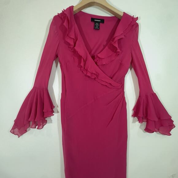 Express Silk Fuchsia Ruffle Wrap Midi Dress Women’s Size 3/4 Long Sleeve Flare 4 - Picture 3 of 10